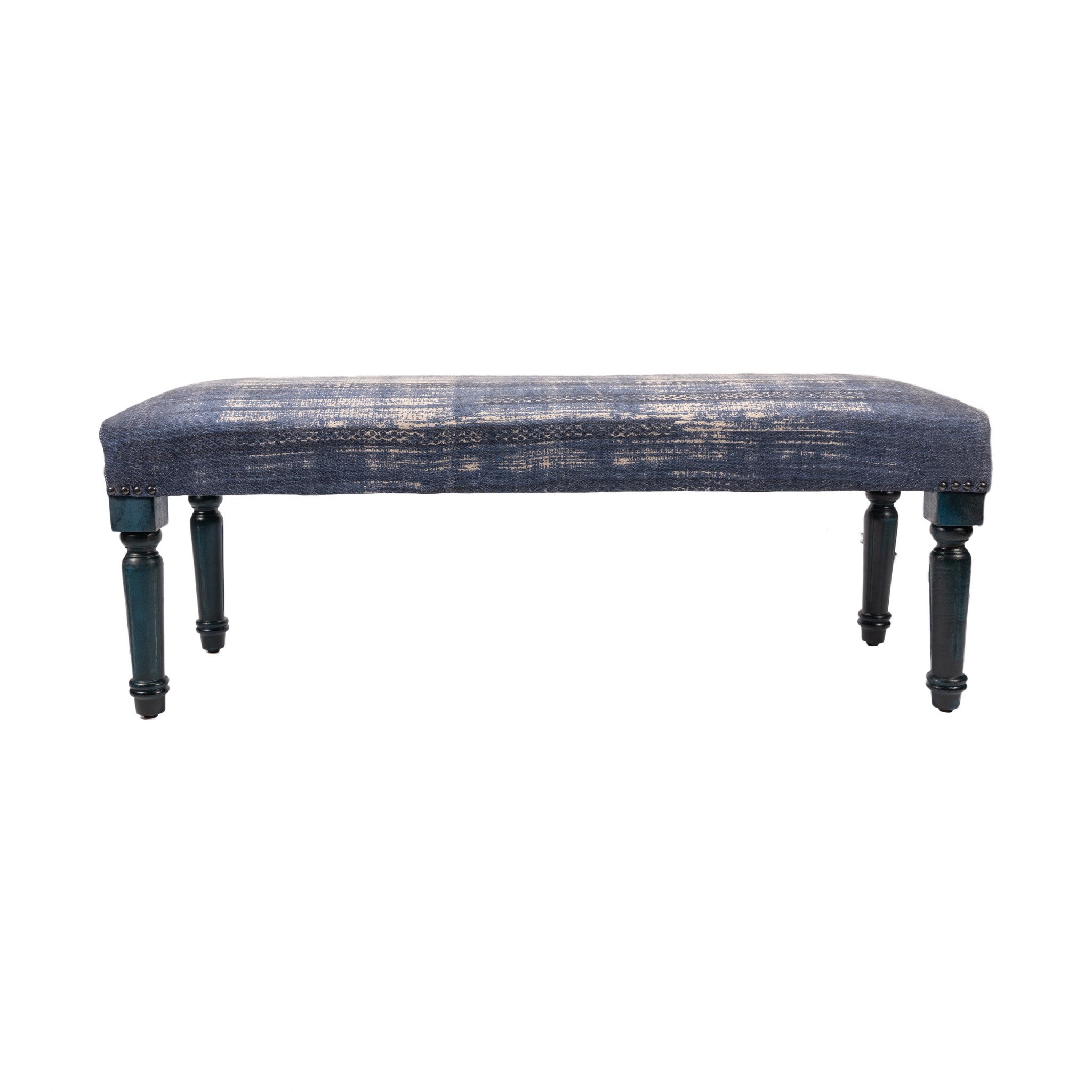 47" Blue And Cream Abstract Design Blue Leg Upholstered Bench - Homeroots - Flyclothing LLC