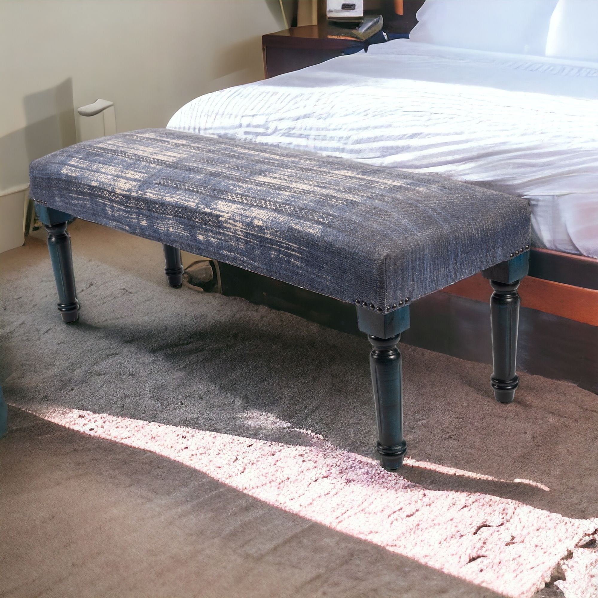 47" Blue And Cream Abstract Design Blue Leg Upholstered Bench - Homeroots - Flyclothing LLC