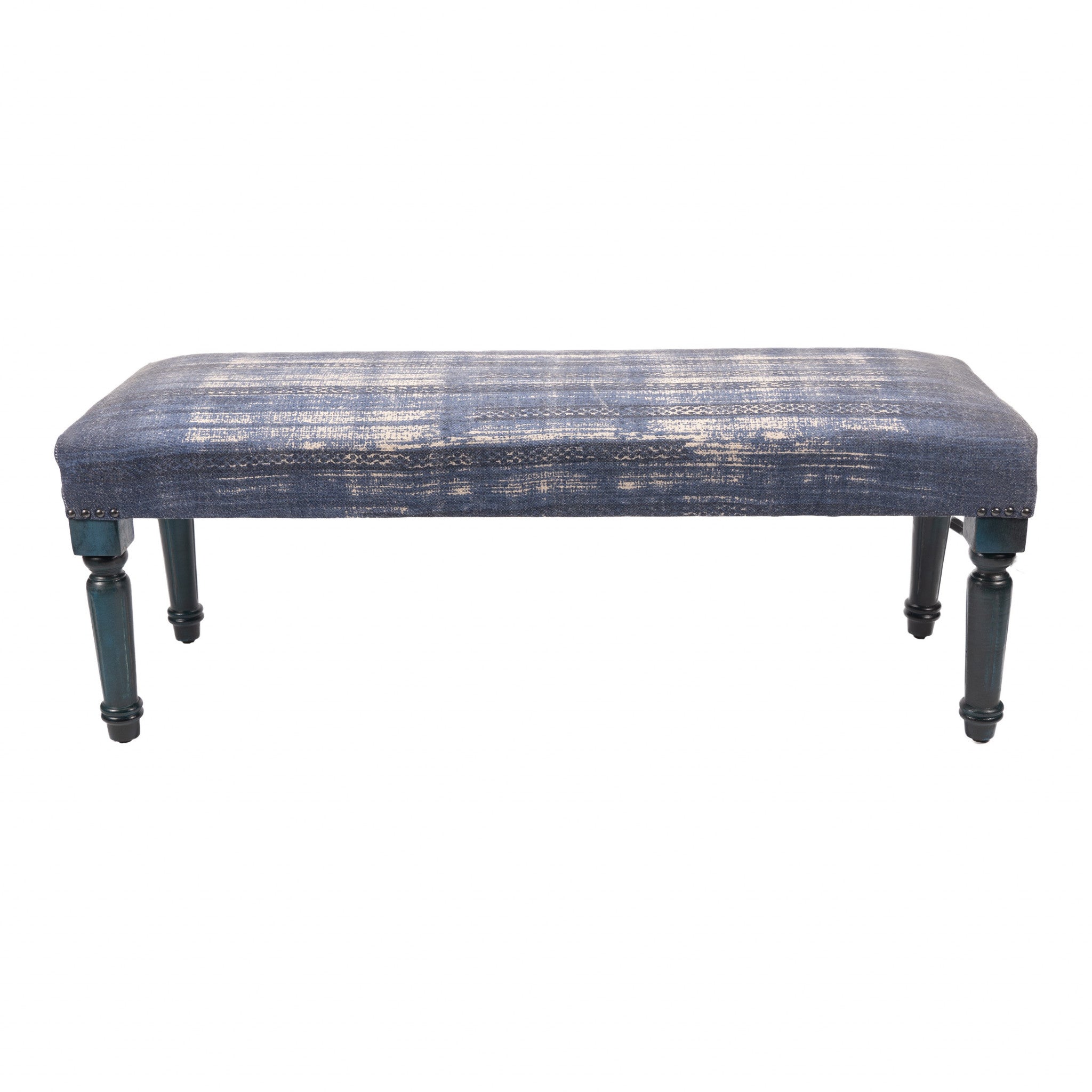 47" Blue And Cream Abstract Design Blue Leg Upholstered Bench - Homeroots - Flyclothing LLC