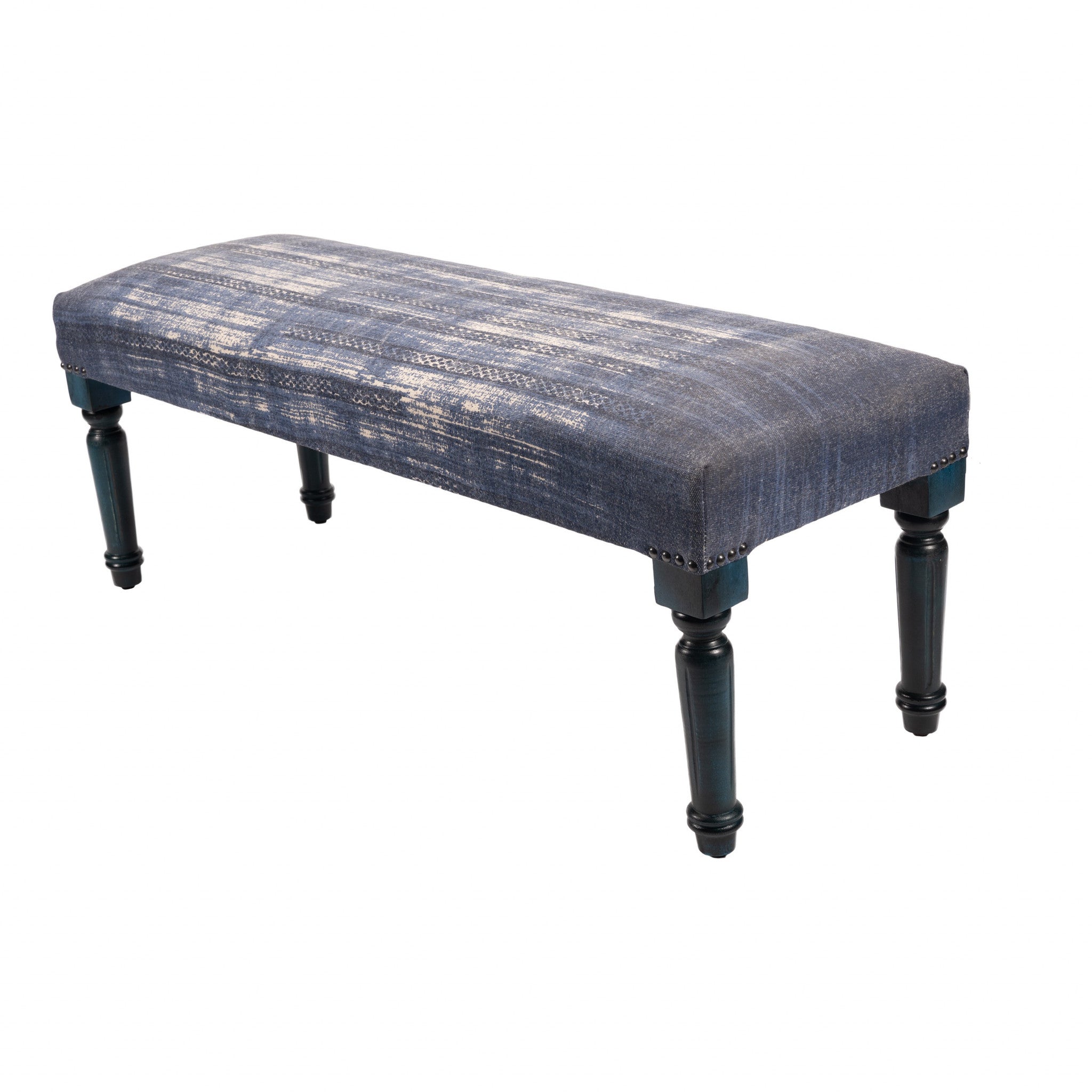 47" Blue And Cream Abstract Design Blue Leg Upholstered Bench - Homeroots - Flyclothing LLC