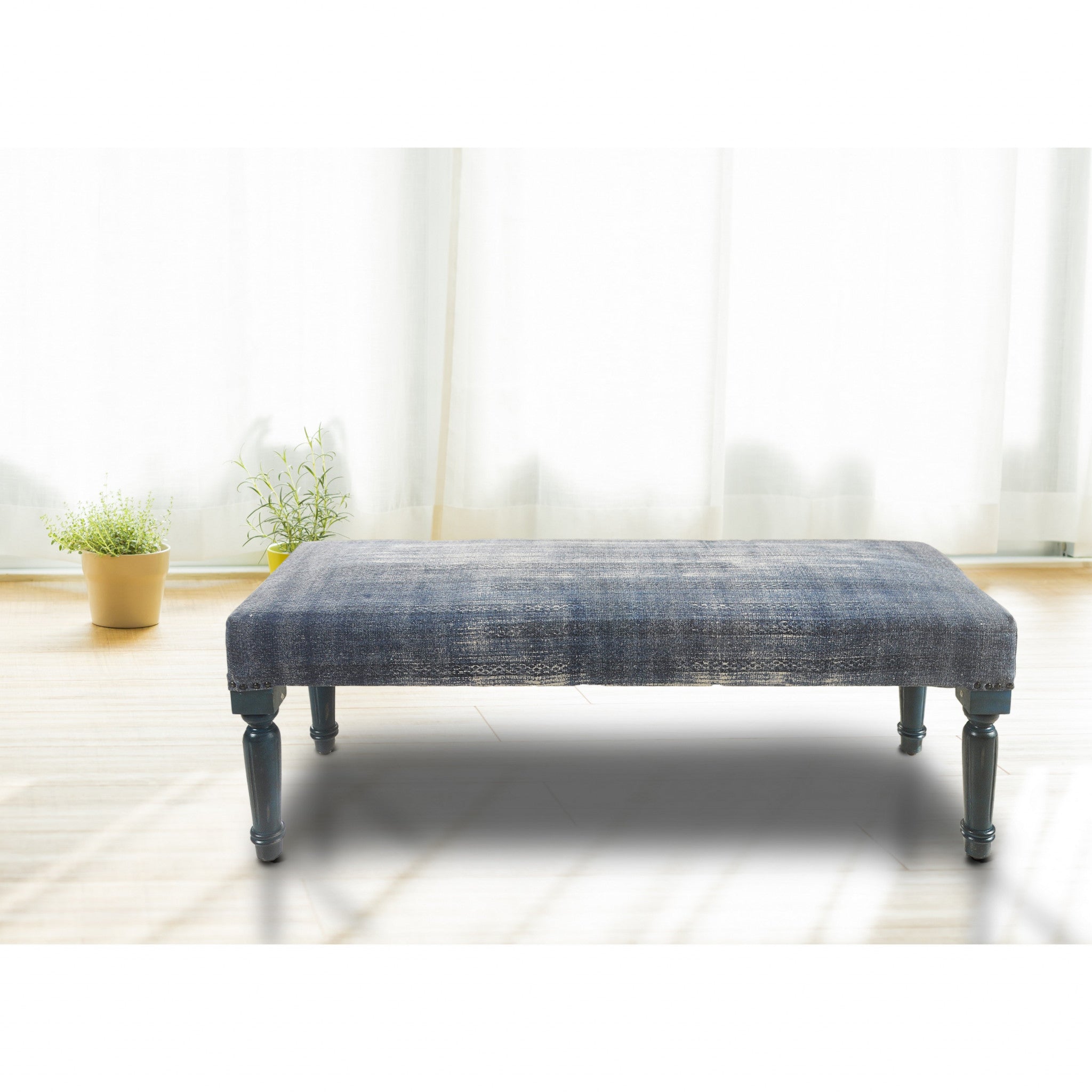 47" Blue And Cream Abstract Design Blue Leg Upholstered Bench - Homeroots - Flyclothing LLC
