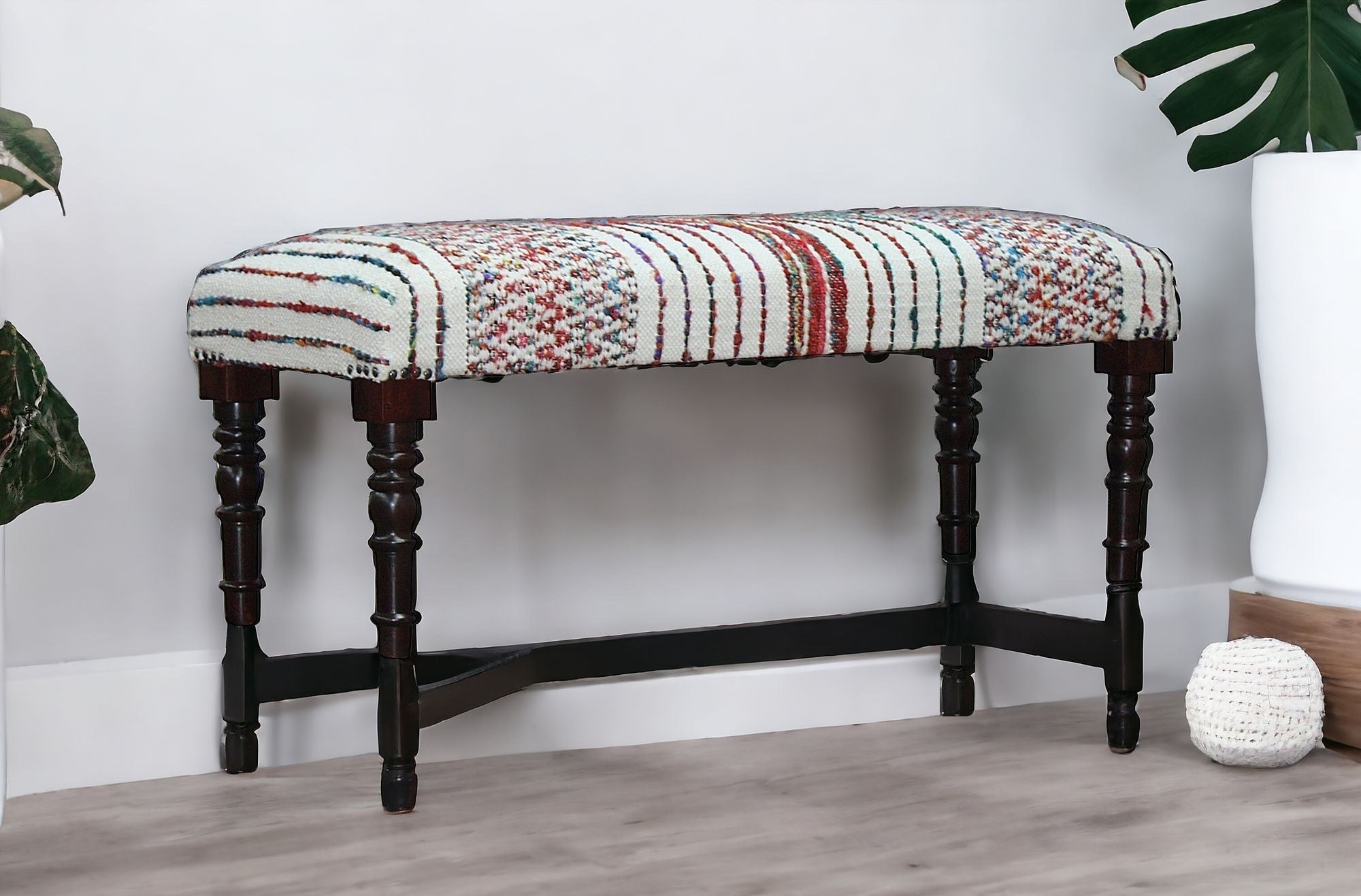 47" Ivory Red and Pink Black Leg Chevron Stripe Upholstered Bench - Homeroots - Flyclothing LLC