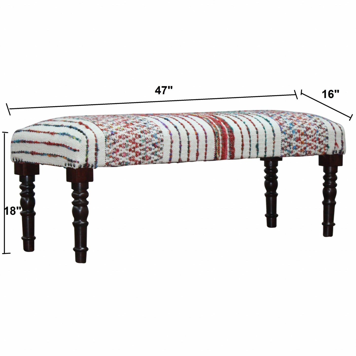 47" Ivory Red and Pink Black Leg Chevron Stripe Upholstered Bench - Homeroots - Flyclothing LLC