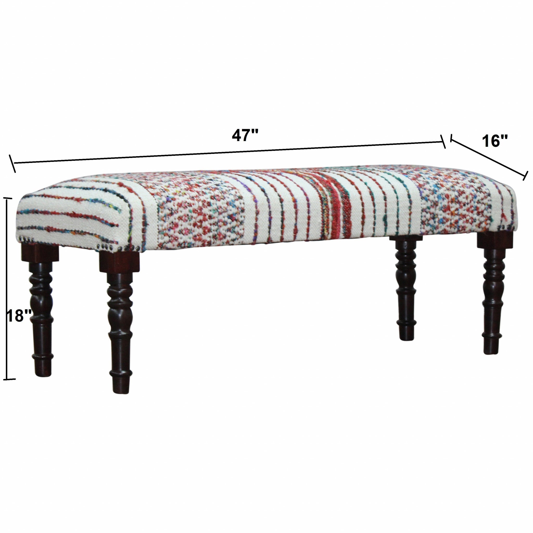 47" Ivory Red and Pink Black Leg Chevron Stripe Upholstered Bench - Homeroots - Flyclothing LLC