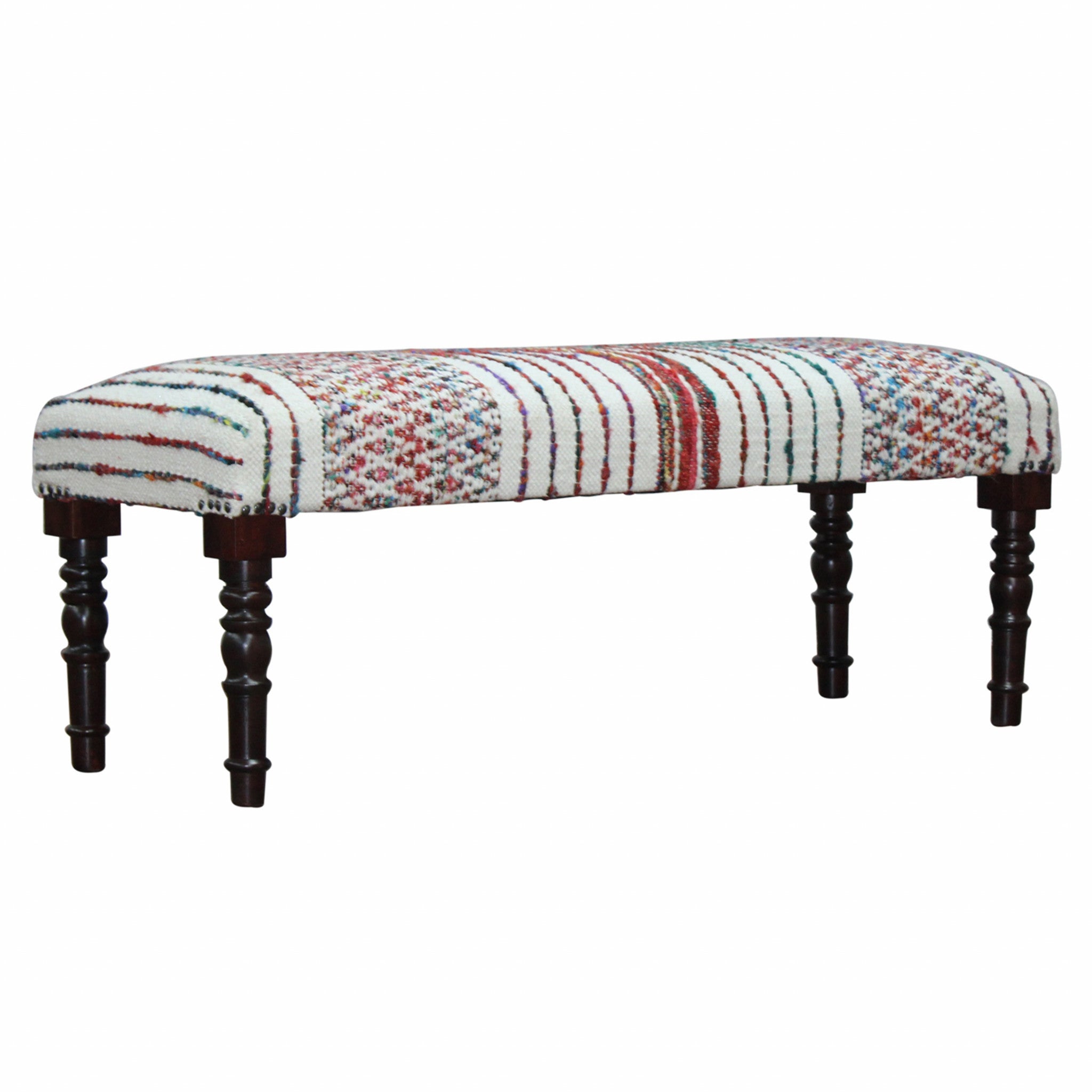 47" Ivory Red and Pink Black Leg Chevron Stripe Upholstered Bench - Homeroots - Flyclothing LLC