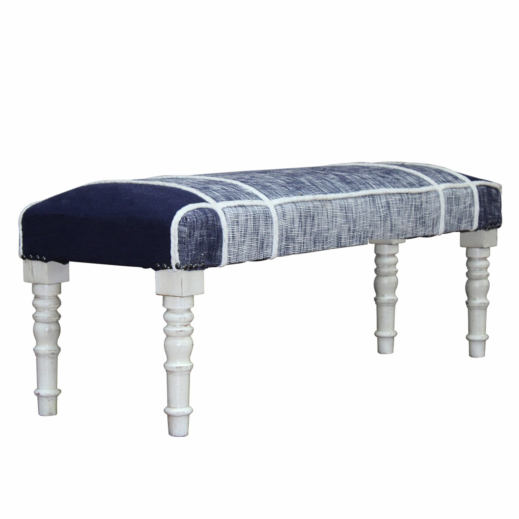 47" Blue And Gray Textural White Leg Upholstered Bench - Homeroots - Flyclothing LLC