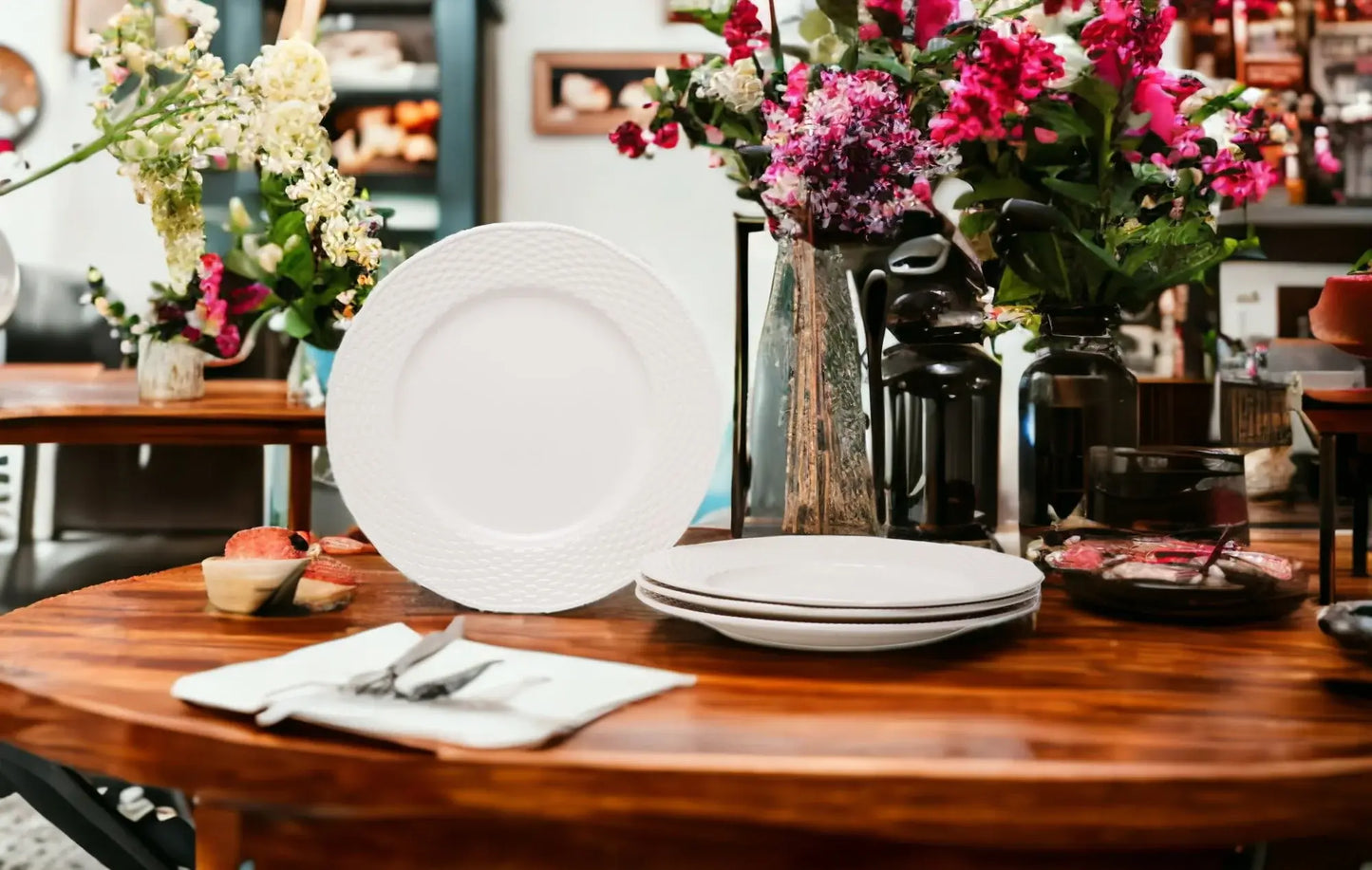 White Four Piece Weave Stoneware Service For Four Dinner Plate Set - Homeroots - Flyclothing LLC