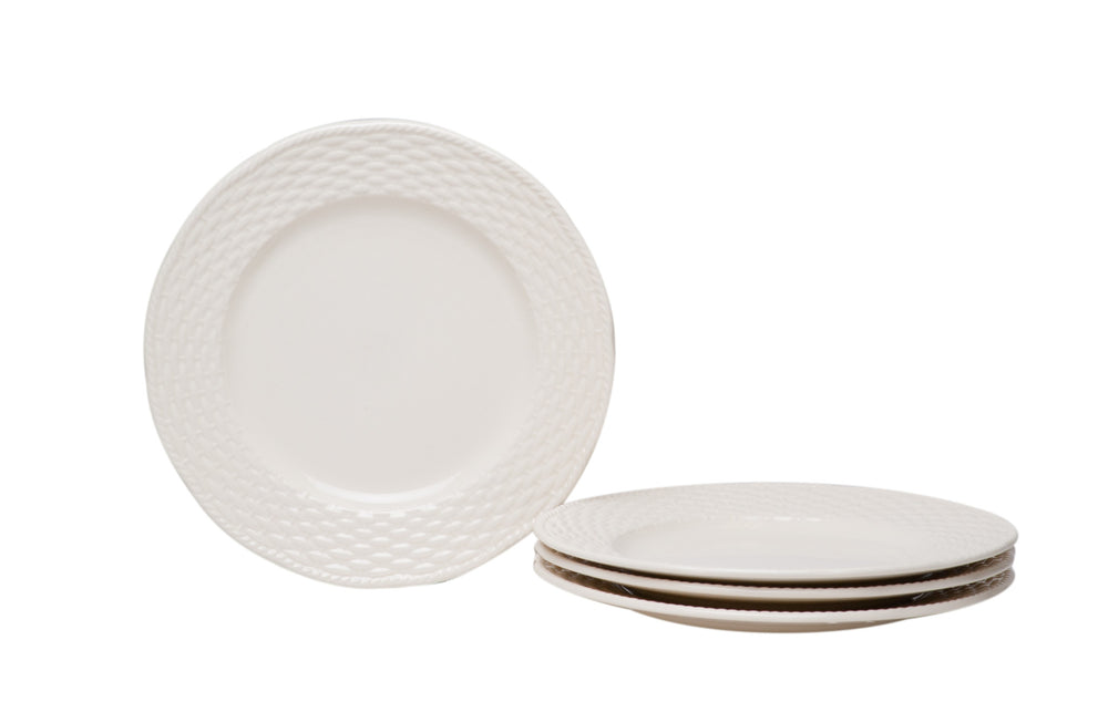 White Four Piece Round Weave Stoneware Service For Four Salad Plate Set - Homeroots