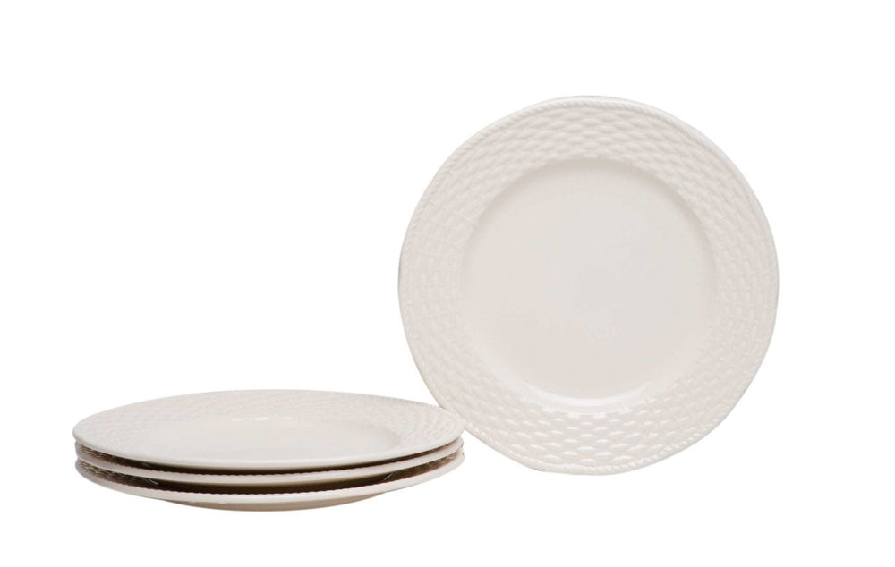 White Four Piece Round Weave Stoneware Service For Four Salad Plate Set - Homeroots - Flyclothing LLC