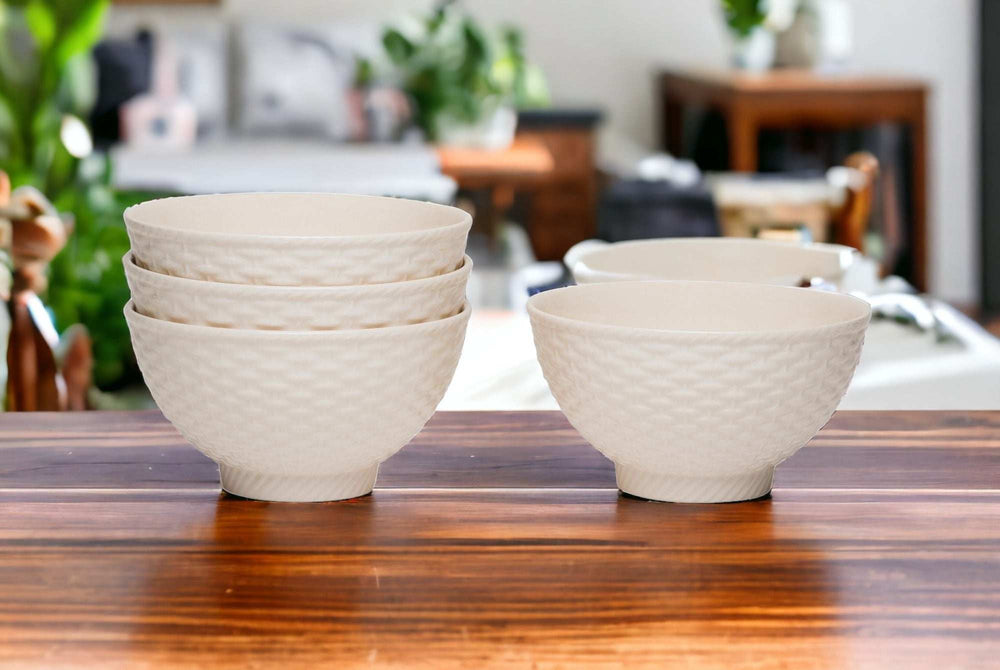 White Four Piece Weave Stoneware Service For Four Bowl Set - Homeroots - Flyclothing LLC