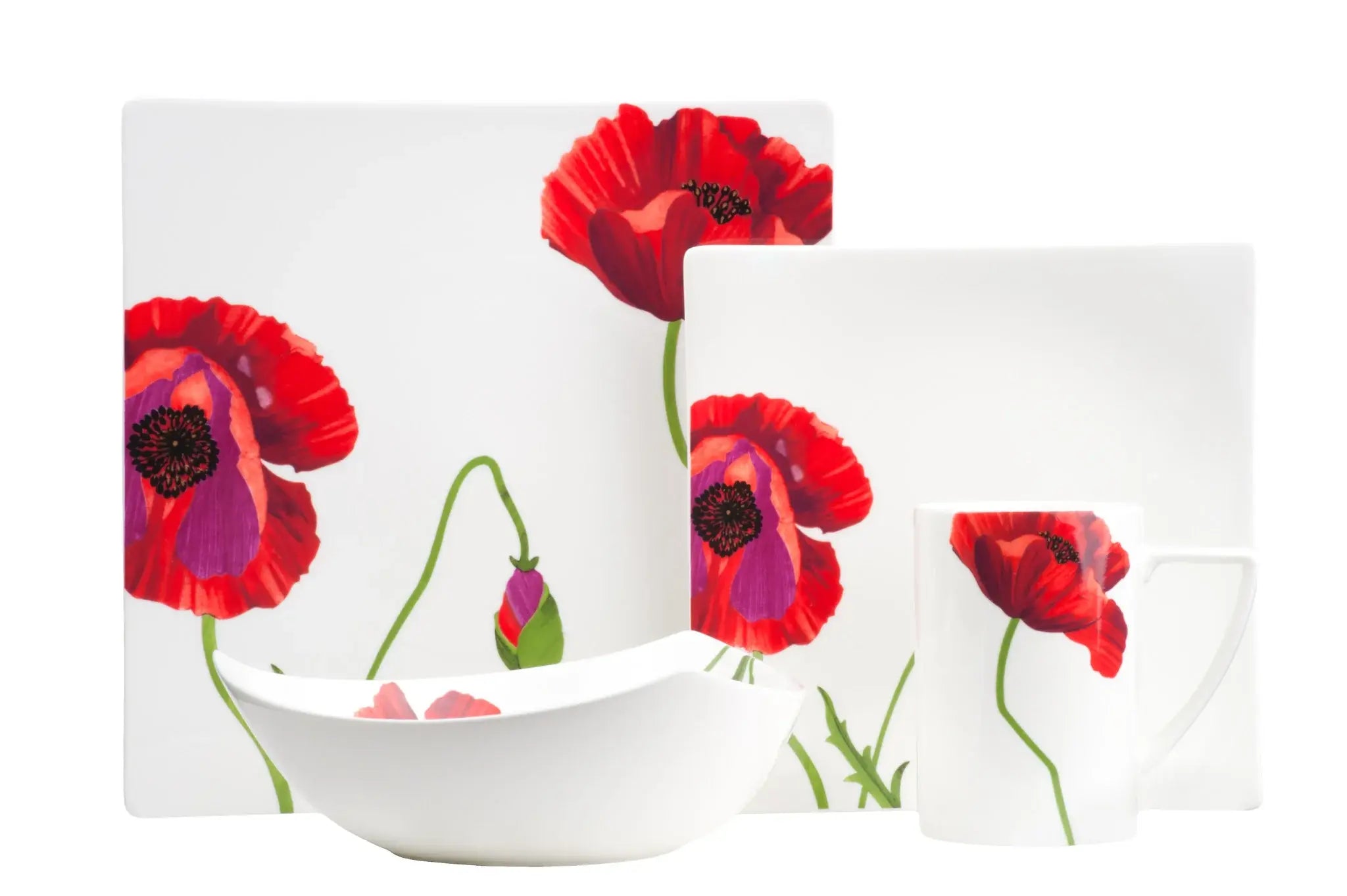 Red and White Six Piece Square Floral Bone China Service For Six Dinner Plate Set - Homeroots - Flyclothing LLC