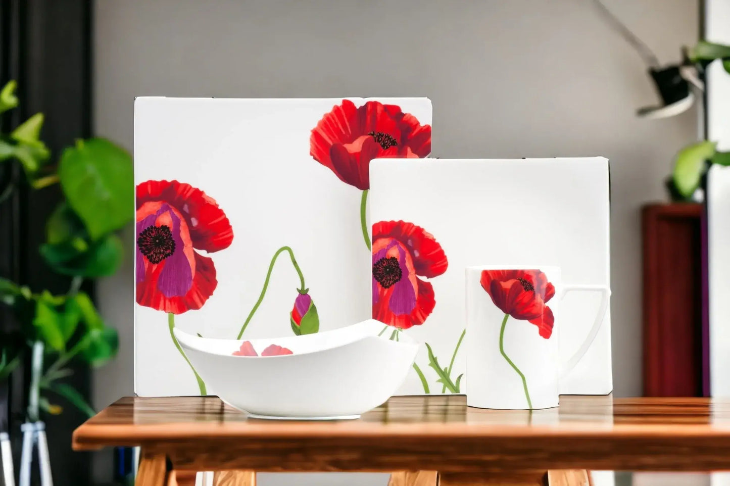 Red and White Six Piece Square Floral Bone China Service For Six Dinner Plate Set - Homeroots - Flyclothing LLC