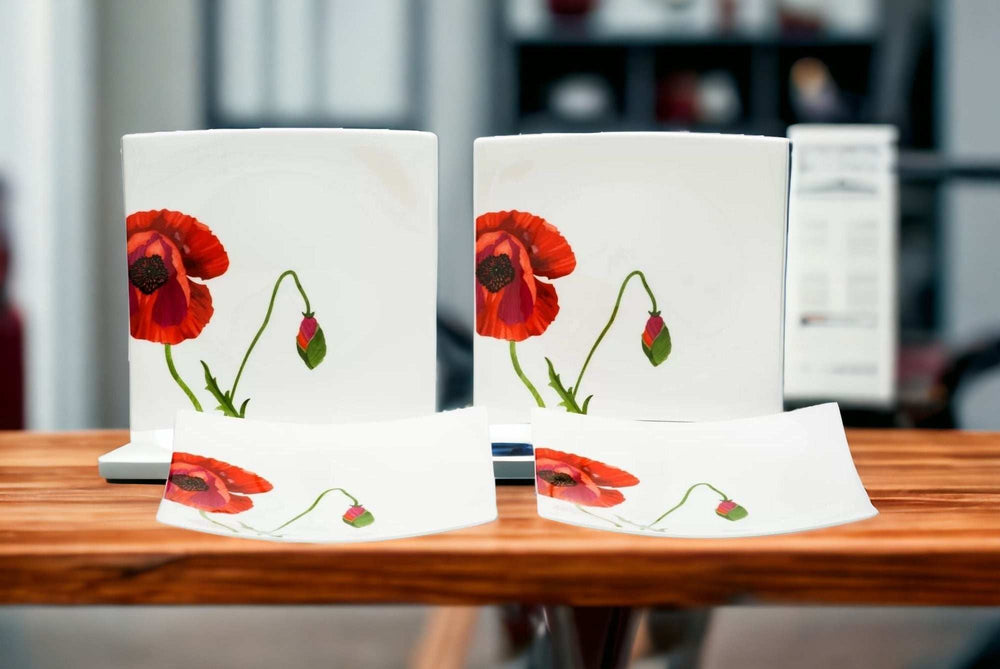 Red and White Six Piece Square Floral Bone China Service For Six Salad Plate Set - Homeroots - Flyclothing LLC