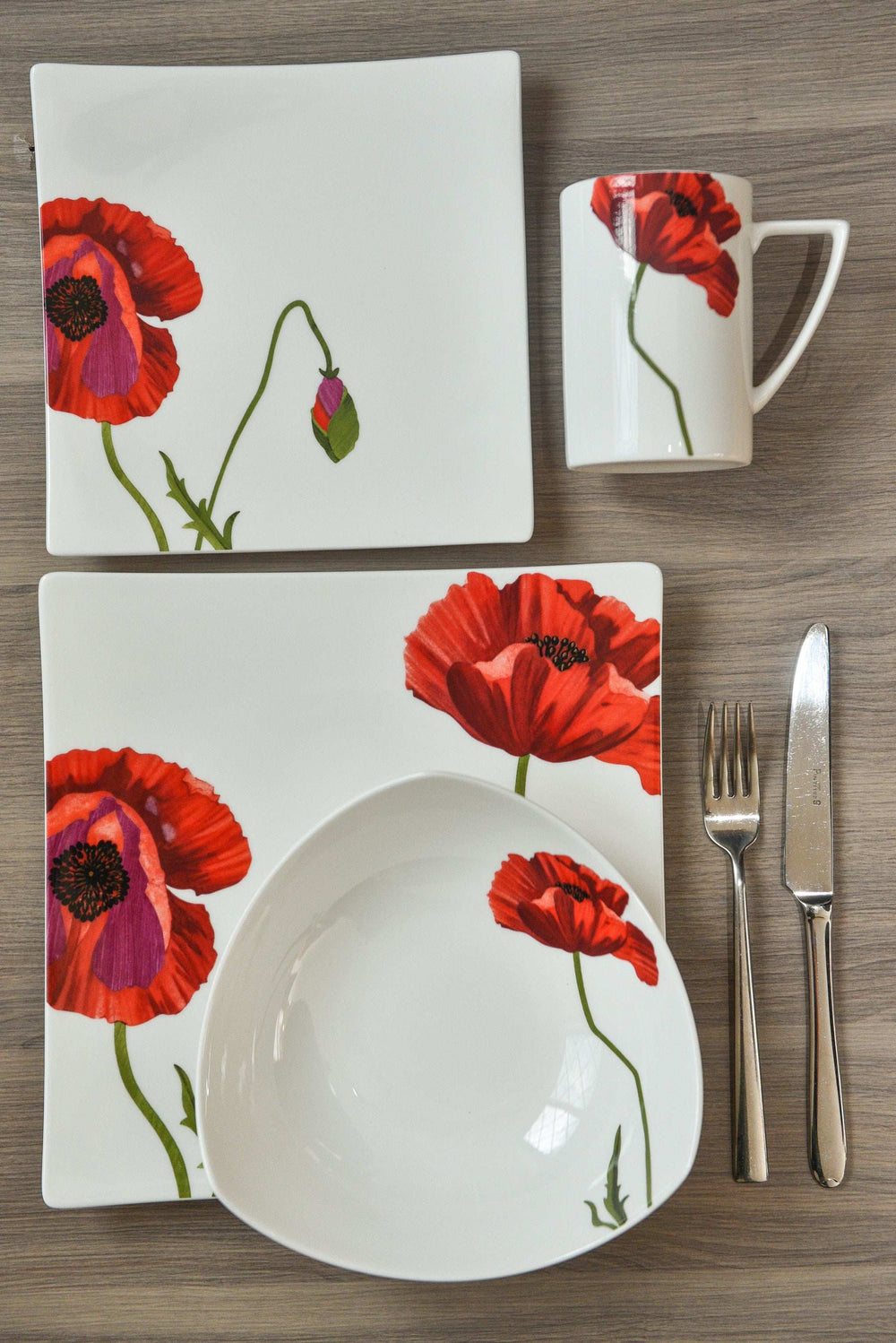 Red and White Six Piece Square Floral Bone China Service For Six Salad Plate Set - Homeroots - Flyclothing LLC