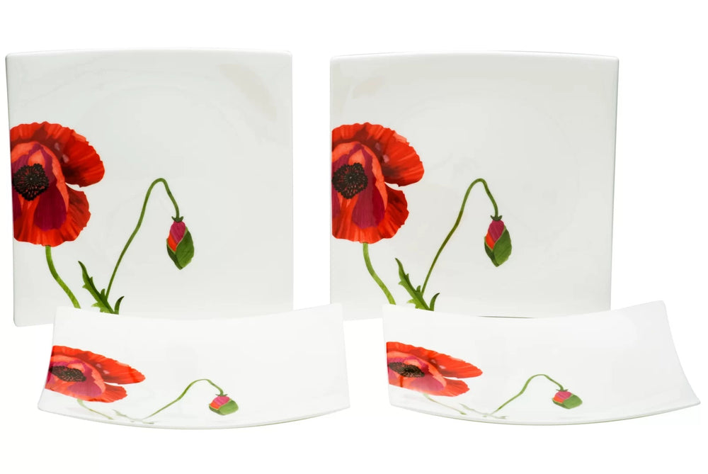 Red and White Six Piece Square Floral Bone China Service For Six Salad Plate Set - Homeroots