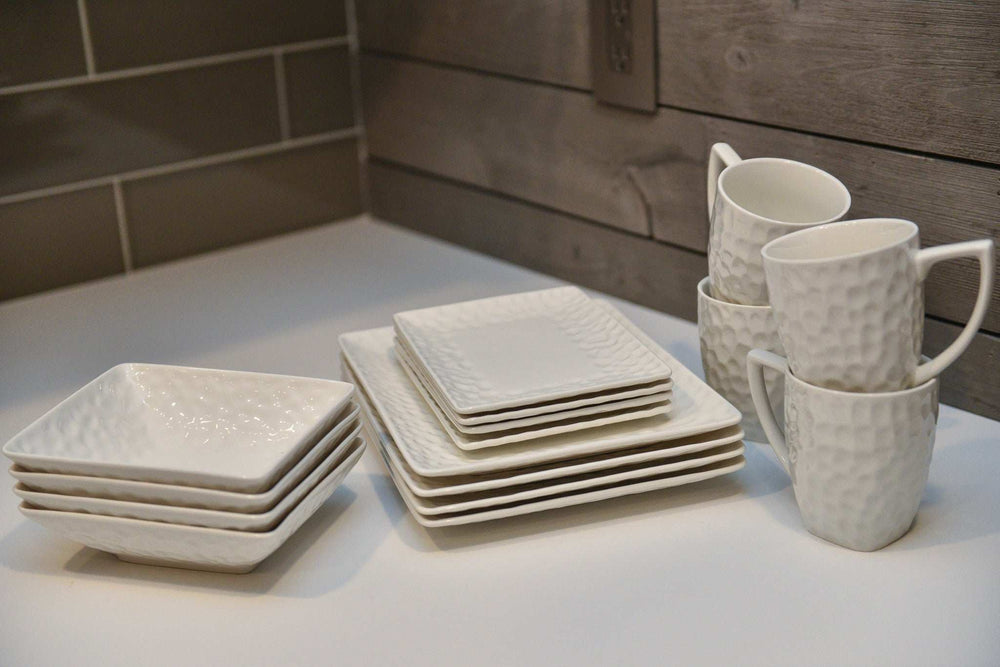 White Six Piece Rectangle Pebbled Porcelain Service For Six Dinner Plate Set - Homeroots - Flyclothing LLC