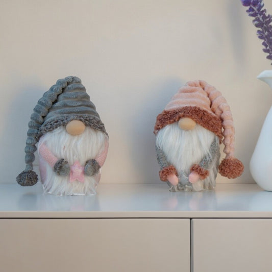 Set Of Two 11" Grey And Pink Fabric Christmas Gnome - Homeroots