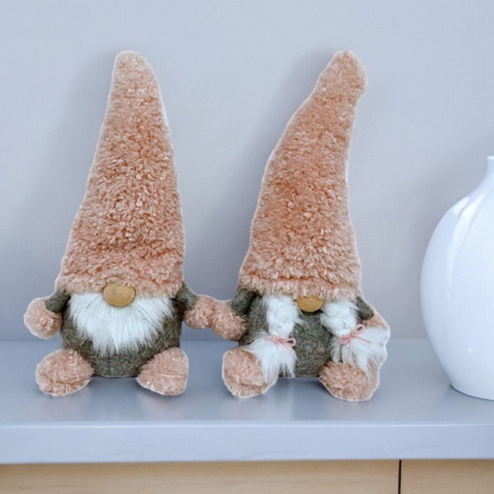 Set Of Two 14" Pink Fabric Christmas Gnomes - Homeroots
