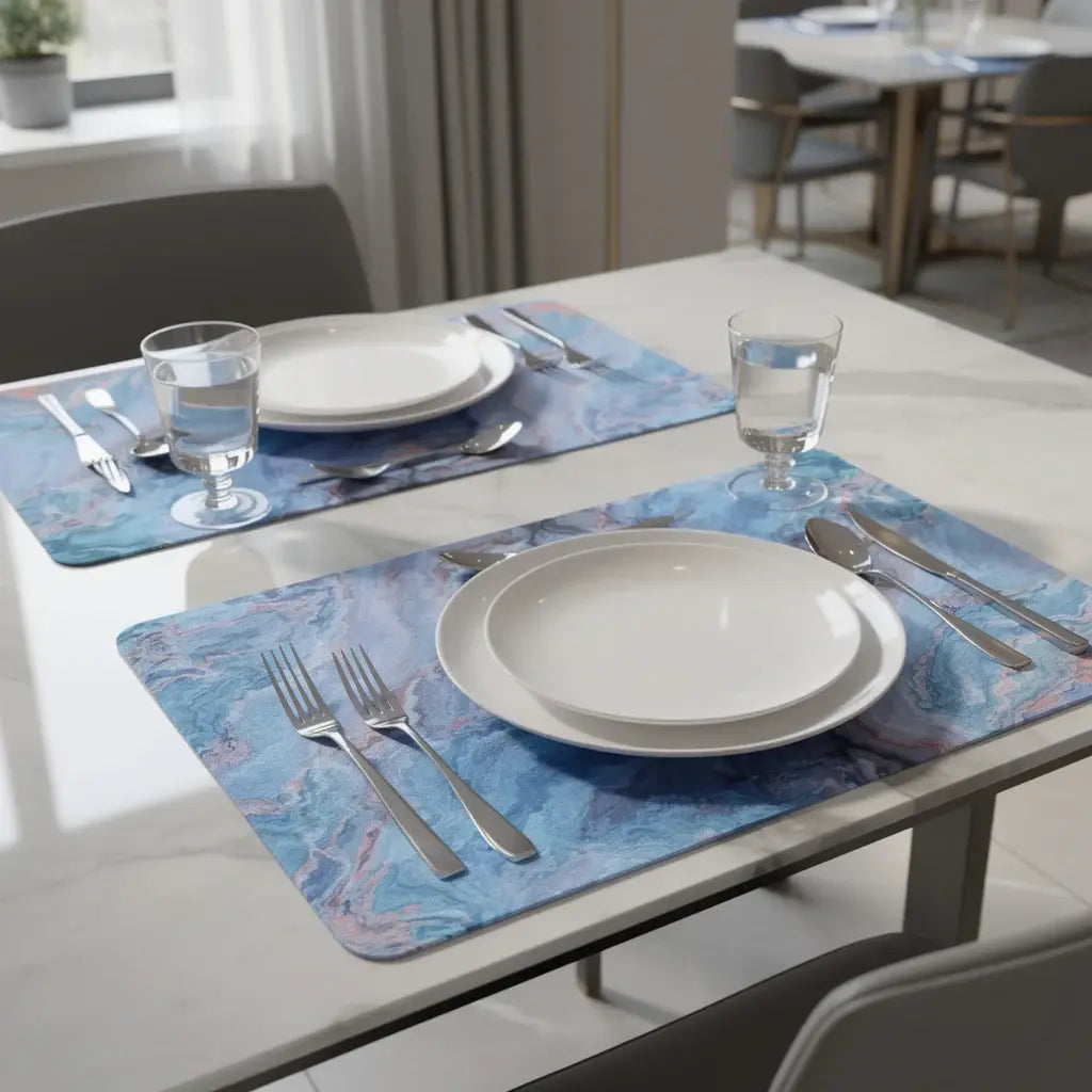 18" Set of Two Blue Abstract Faux Marble Cork Placemats - Homeroots - Flyclothing LLC