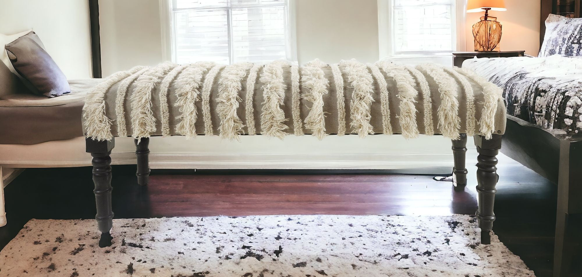 47" Cream Textural Boho Stripe Black Leg Upholstered Bench - Homeroots - Flyclothing LLC