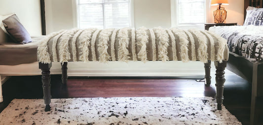 47" Cream Textural Boho Stripe Black Leg Upholstered Bench - Homeroots
