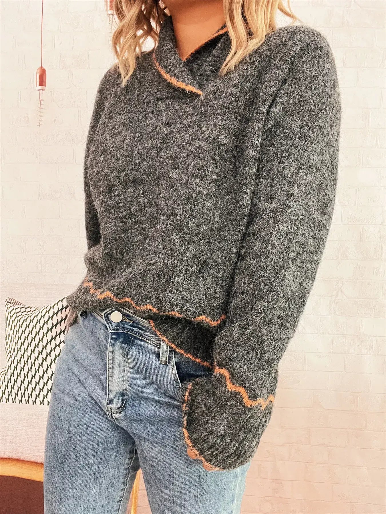 Ribbed Contrast Trim Long Sleeve Sweater - Trendsi - Flyclothing LLC