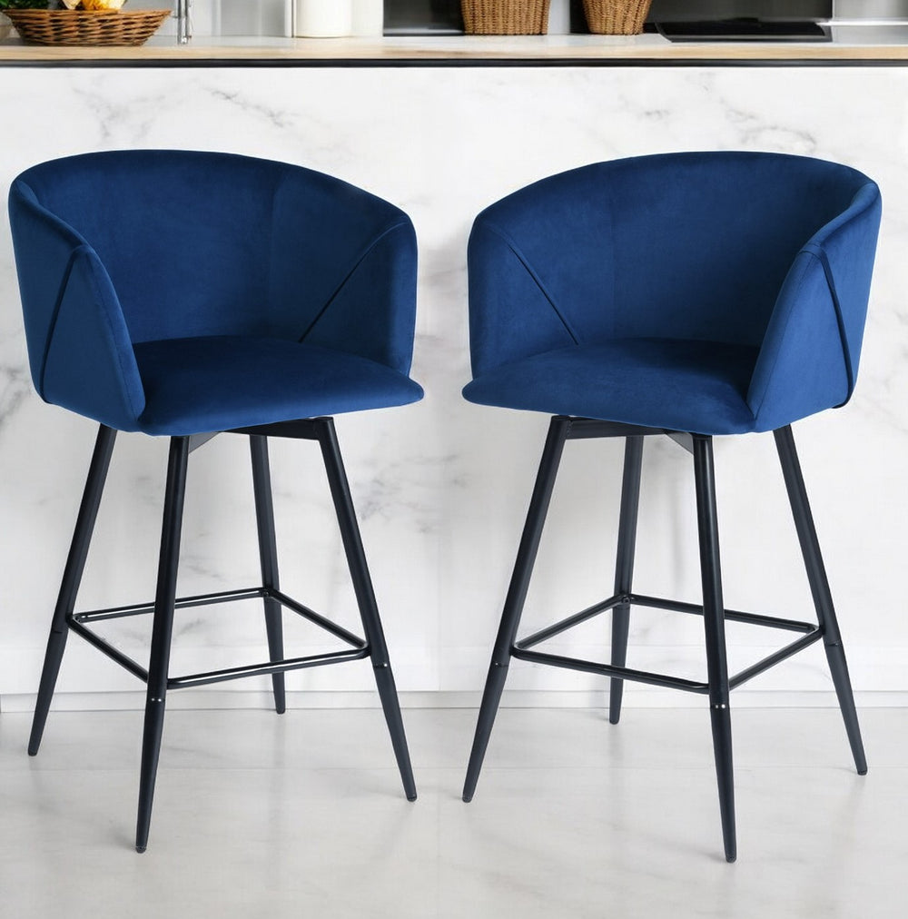 Set of Two 28" Blue And Black Velvet And Steel Low Back Bar Height Bar Chairs - Homeroots