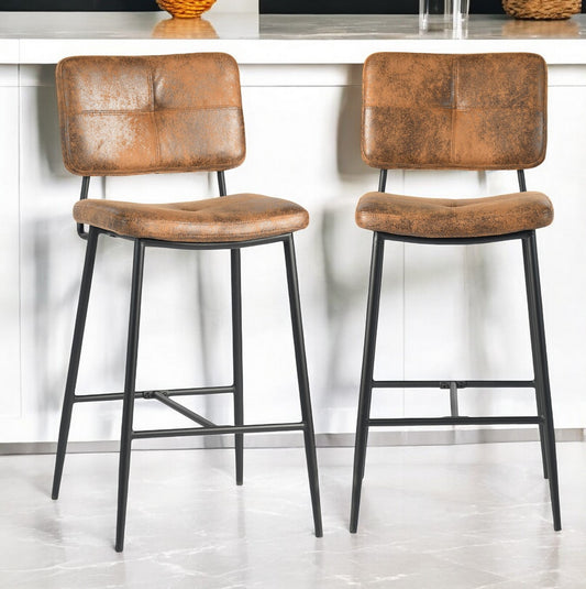 Set of Two 27" Brown And Black Faux Leather And Steel Low Back Counter Height Bar Chairs - Homeroots