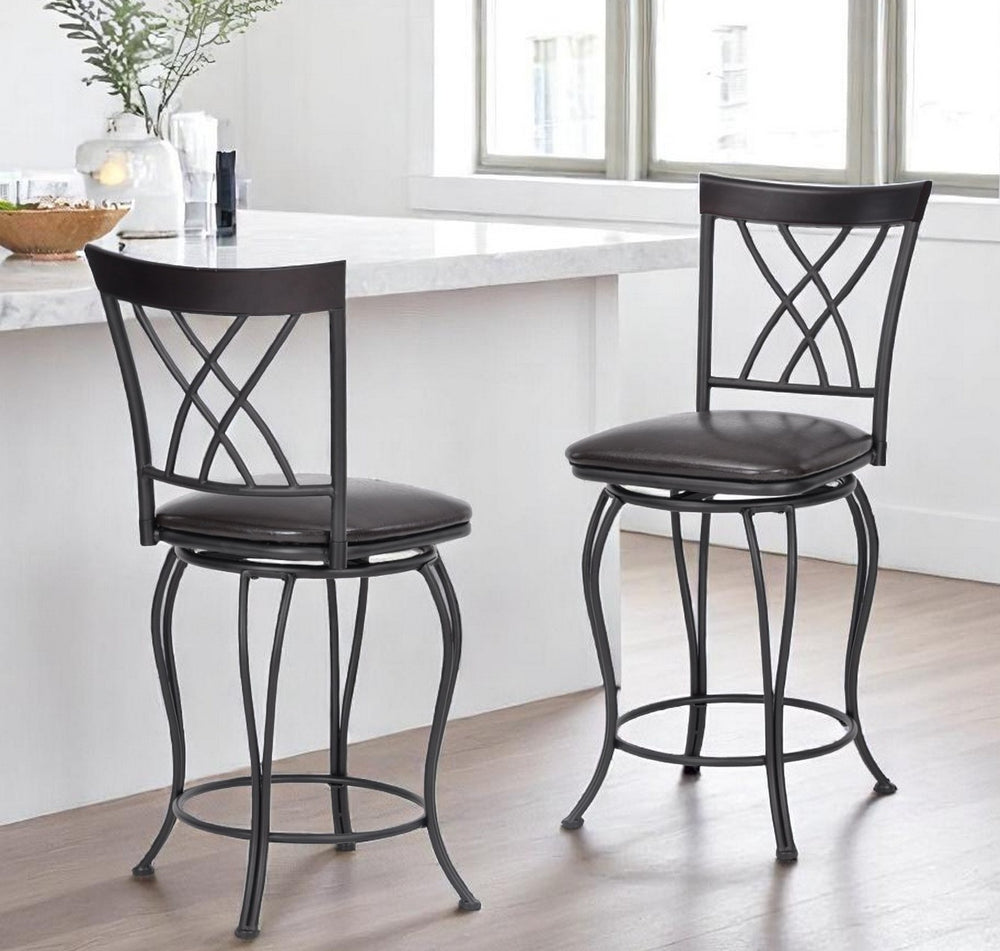 Set of Two 24" Black Manufactured Wood and Steel Counter Height Swivel Bar Chairs