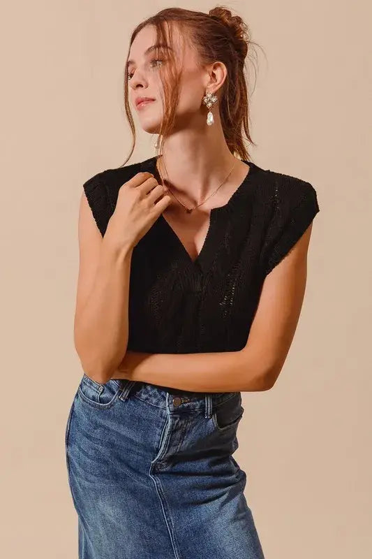 SO ME Notched Neck Cable Knit Sweater Vest - Trendsi - Flyclothing LLC