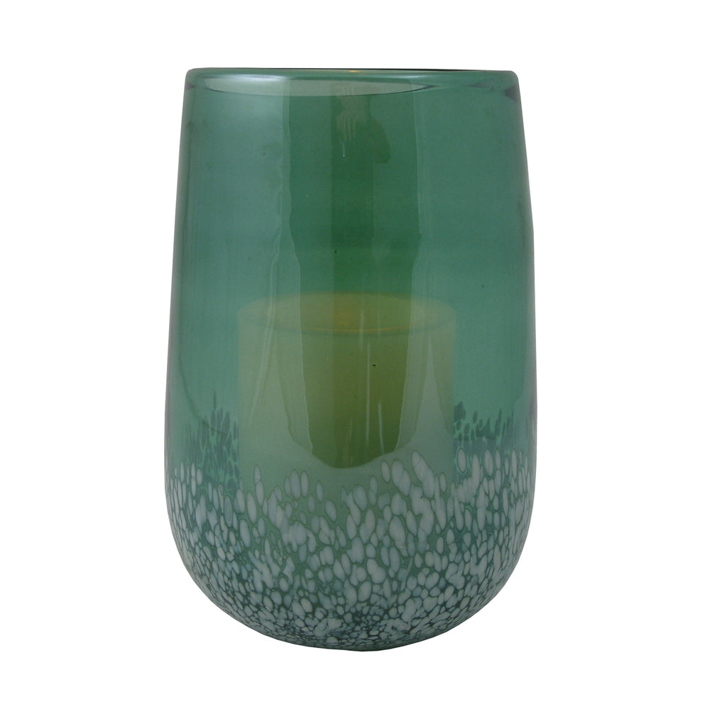 8" Green and White Glass Tabletop Hurricane Candle Holder With Candle - Homeroots - Flyclothing LLC