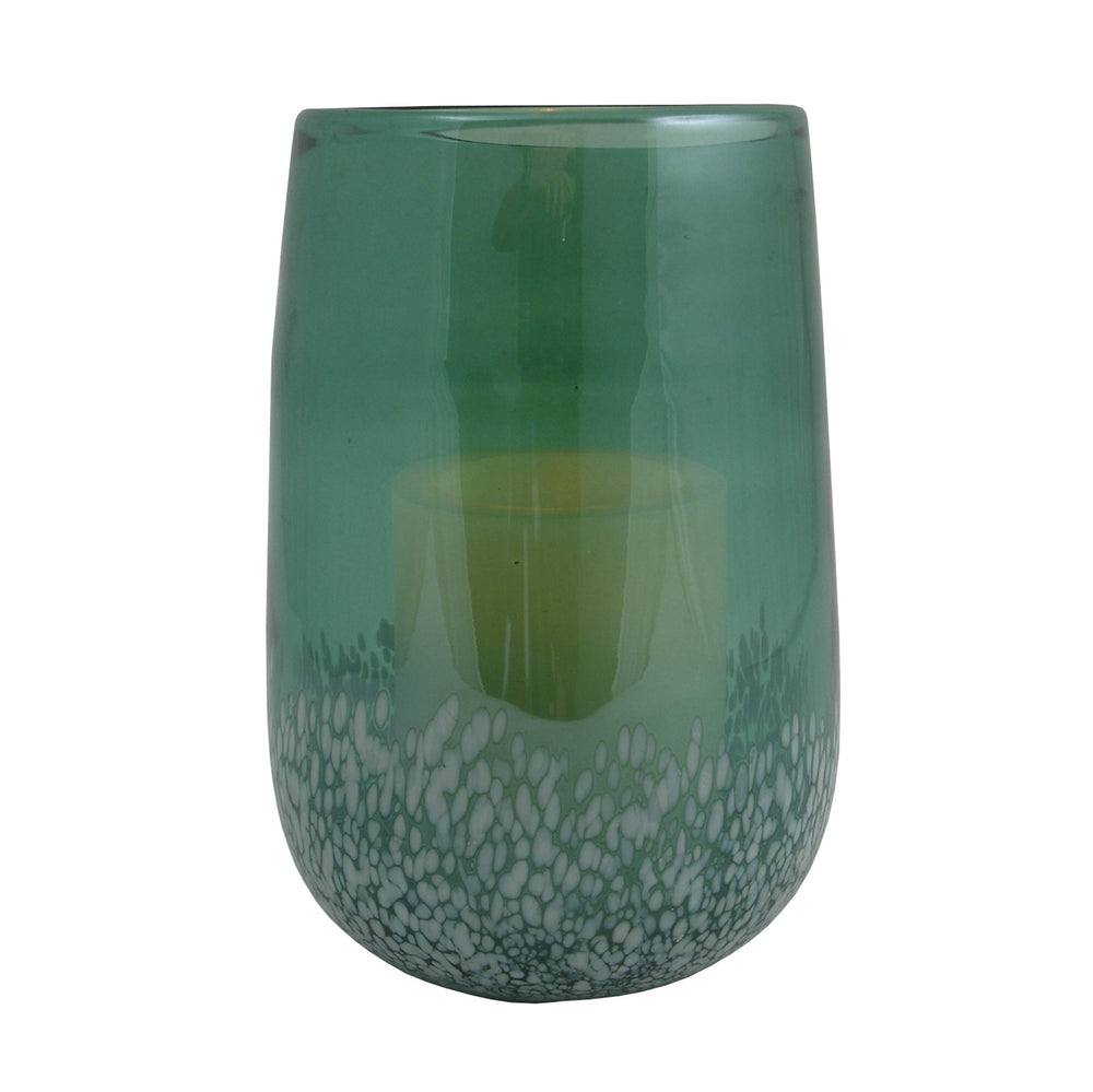 8" Green and White Glass Tabletop Hurricane Candle Holder With Candle - Homeroots