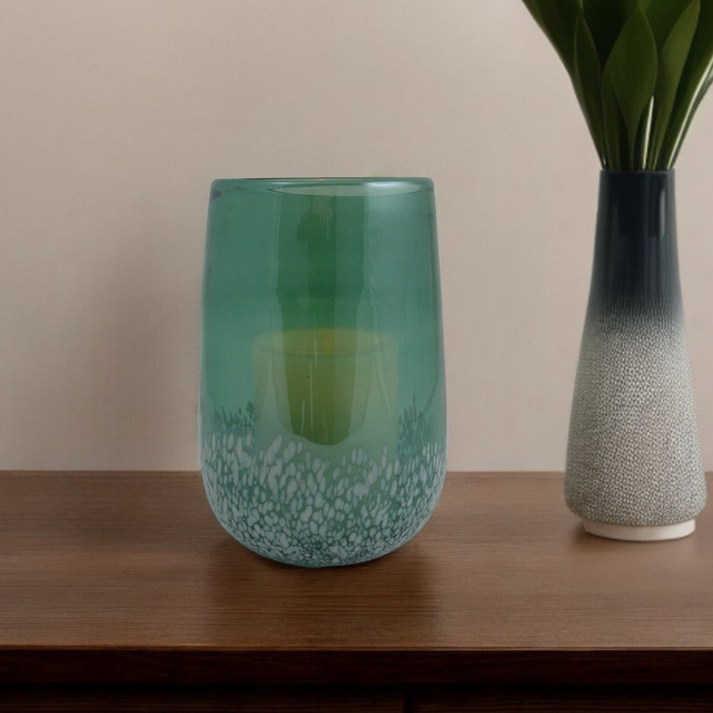 8" Green and White Glass Tabletop Hurricane Candle Holder With Candle - Homeroots - Flyclothing LLC