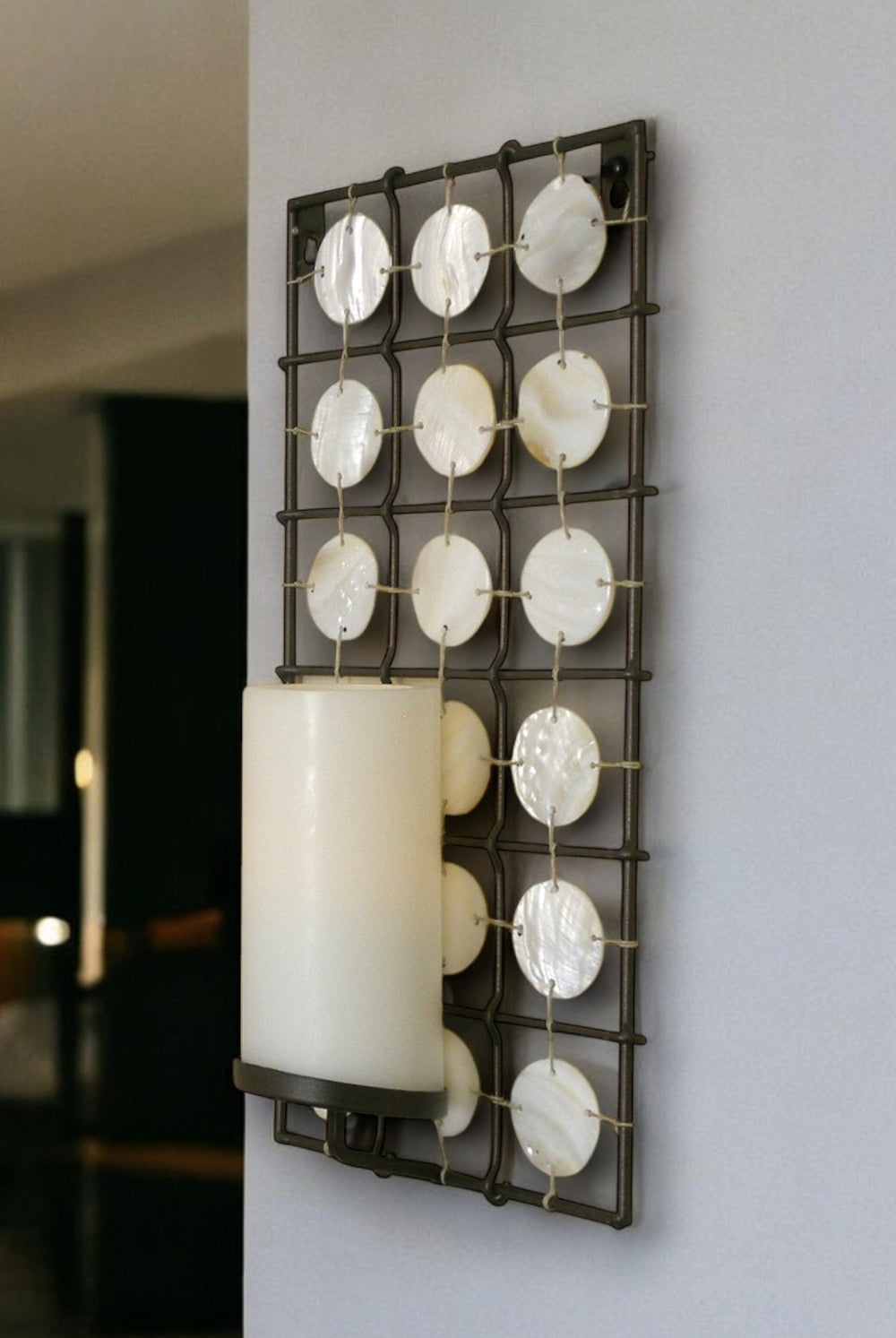 15" Brown and White Iron Geometric Wall Sconce Candle Holder With Candle - Homeroots