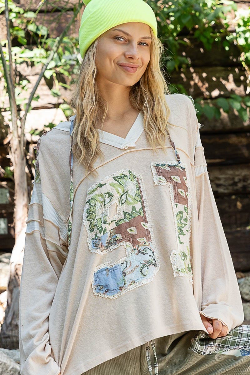 POL Exposed Seam Number Patch V-Neck Hooded Top - Trendsi