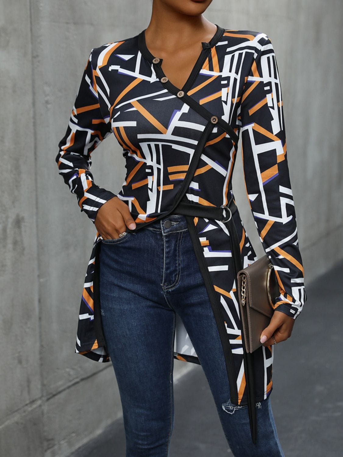 Geometric Surplice Long Sleeve T-Shirt - Trendsi