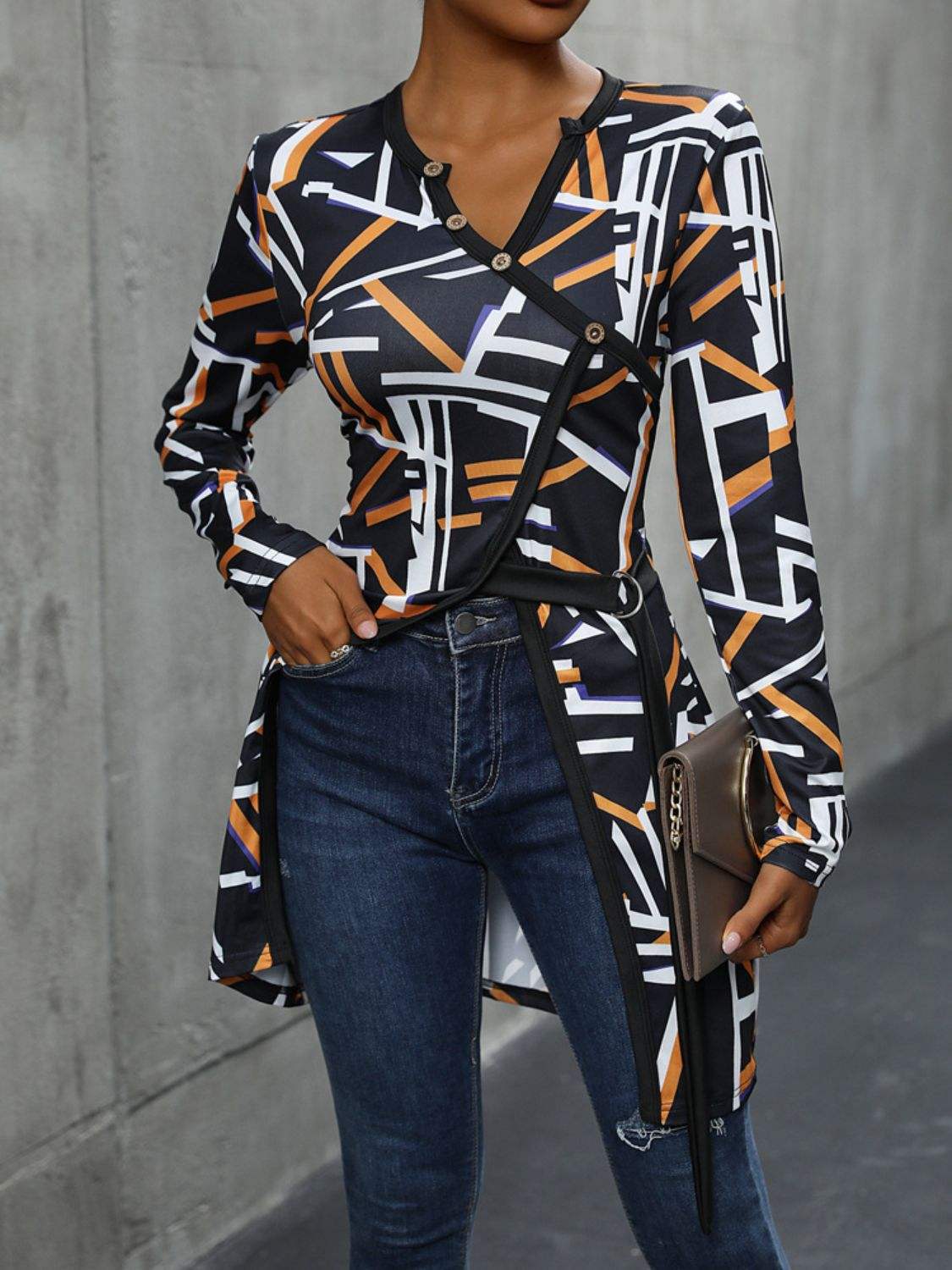 Geometric Surplice Long Sleeve T-Shirt - Trendsi - Flyclothing LLC