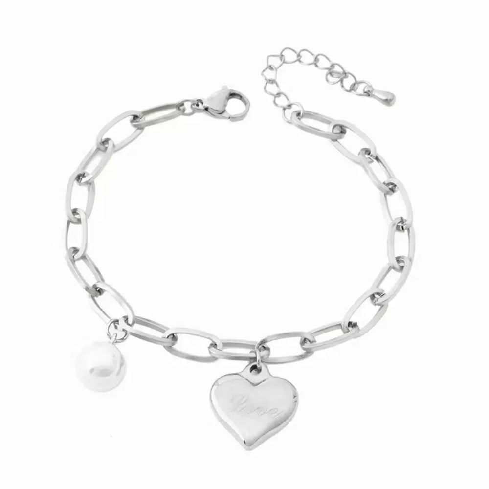 Heart Charm Pearl Accent Chain Bracelet - Trendsi - Flyclothing LLC