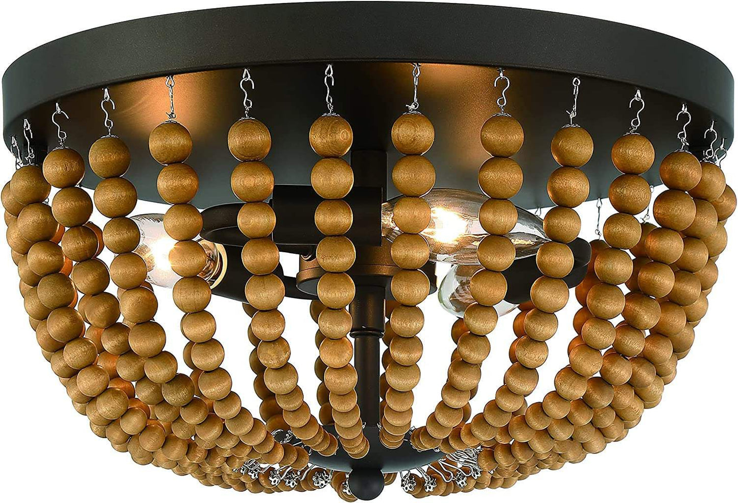 Brown And Black Wood Bead Three Light Flush Mount Ceiling Light - HomeRoots - Flyclothing LLC