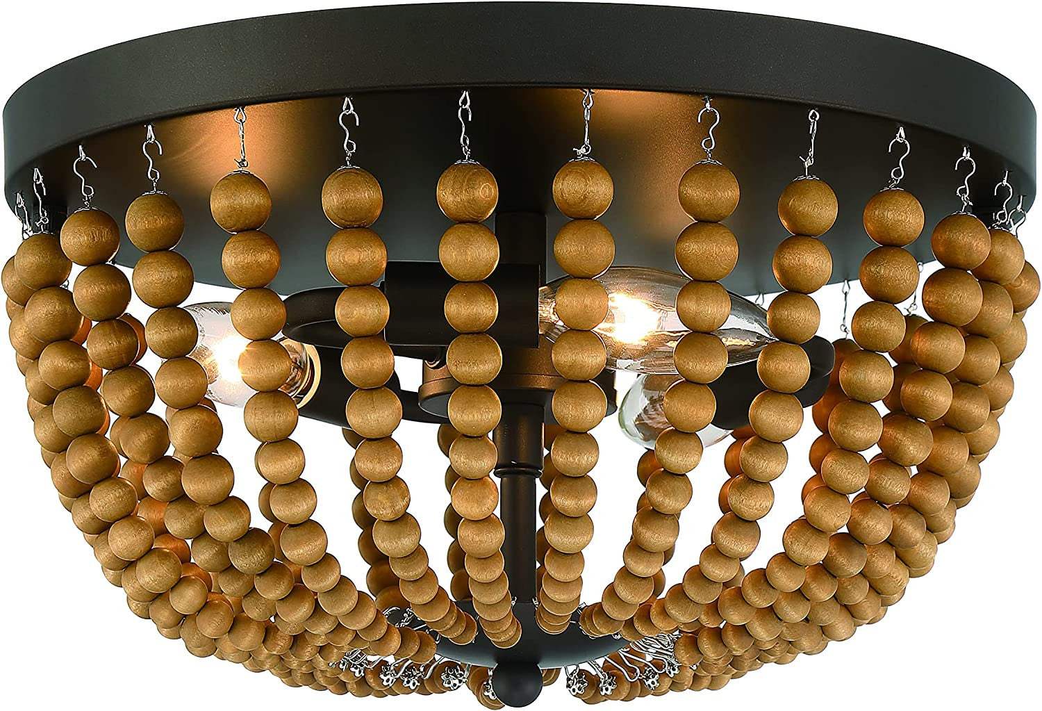 Brown And Black Wood Bead Three Light Flush Mount Ceiling Light - HomeRoots - Flyclothing LLC