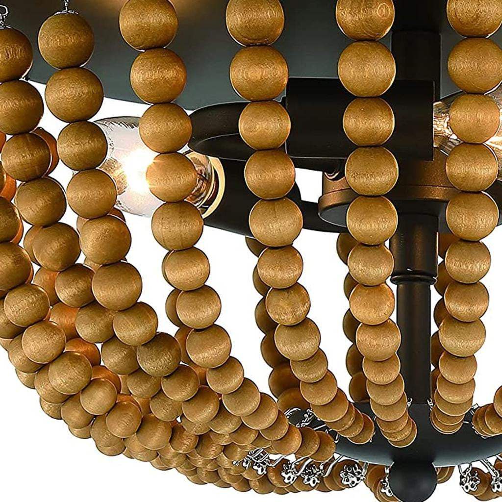 Brown And Black Wood Bead Three Light Flush Mount Ceiling Light - HomeRoots - Flyclothing LLC