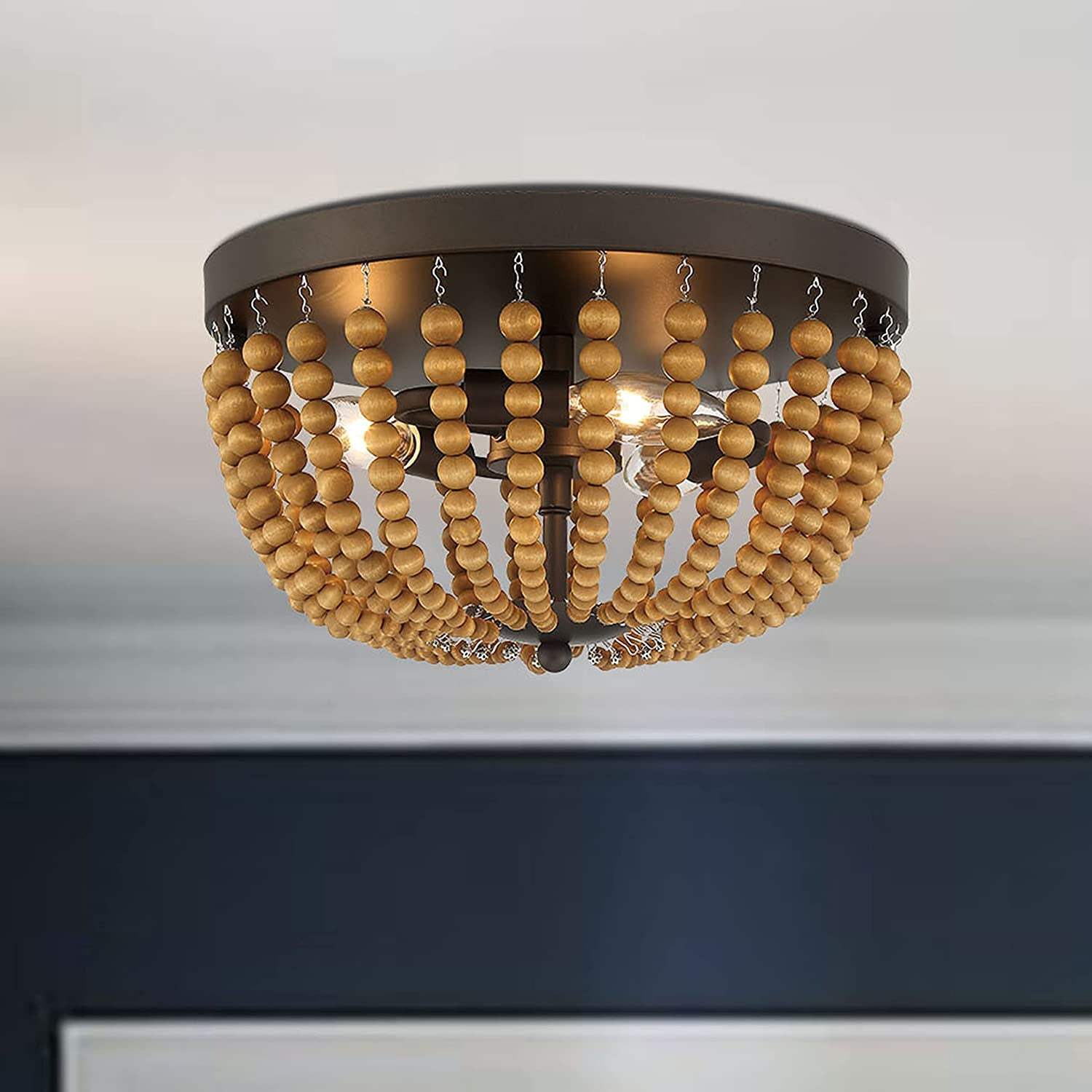 Brown And Black Wood Bead Three Light Flush Mount Ceiling Light - HomeRoots - Flyclothing LLC