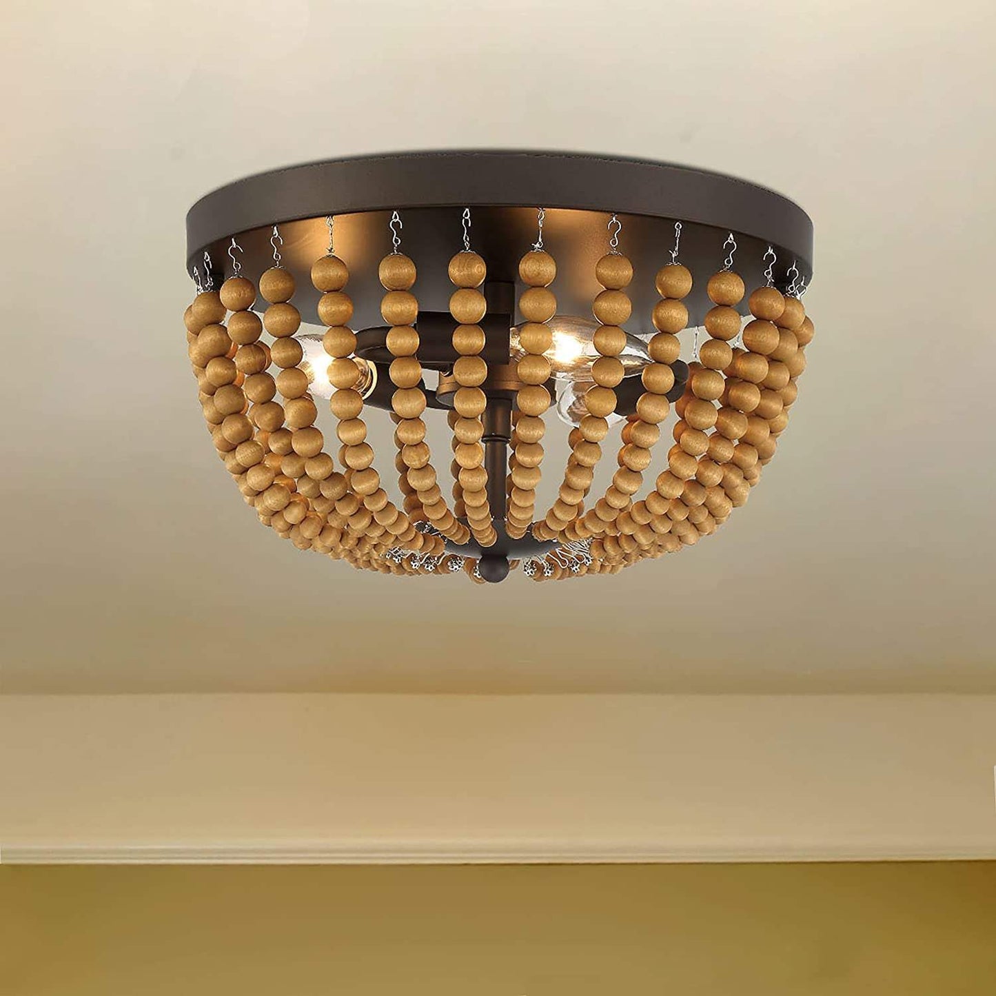 Brown And Black Wood Bead Three Light Flush Mount Ceiling Light - HomeRoots - Flyclothing LLC