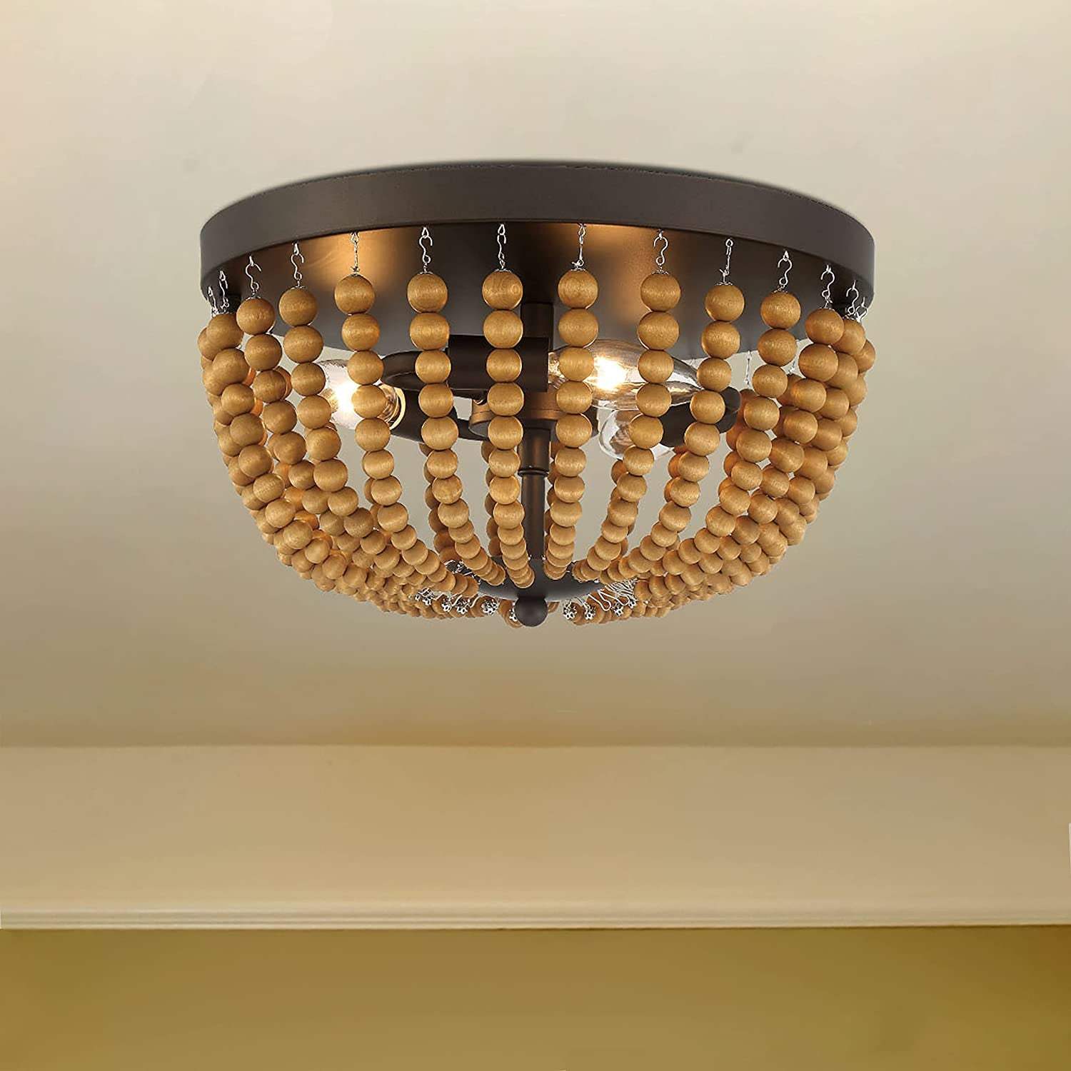 Brown And Black Wood Bead Three Light Flush Mount Ceiling Light - HomeRoots - Flyclothing LLC
