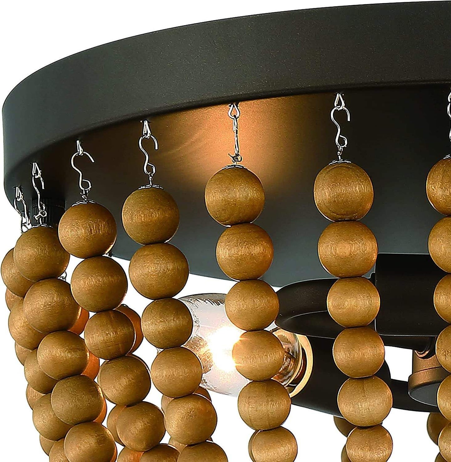 Brown And Black Wood Bead Three Light Flush Mount Ceiling Light - HomeRoots - Flyclothing LLC