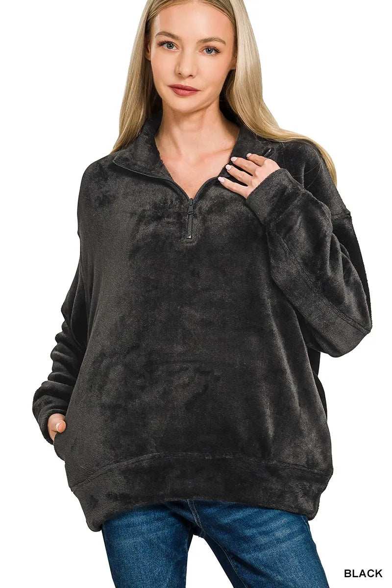 Zenana Faux Fur Half Zip Pocket Pullover - Trendsi - Flyclothing LLC
