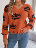 Halloween Pumpkin Pattern Raw Hem V-Neck Sweater - Trendsi - Flyclothing LLC