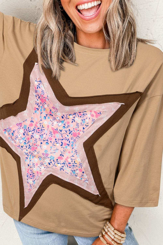 Star Applique Patch Round Neck T-Shirt - Trendsi - Flyclothing LLC