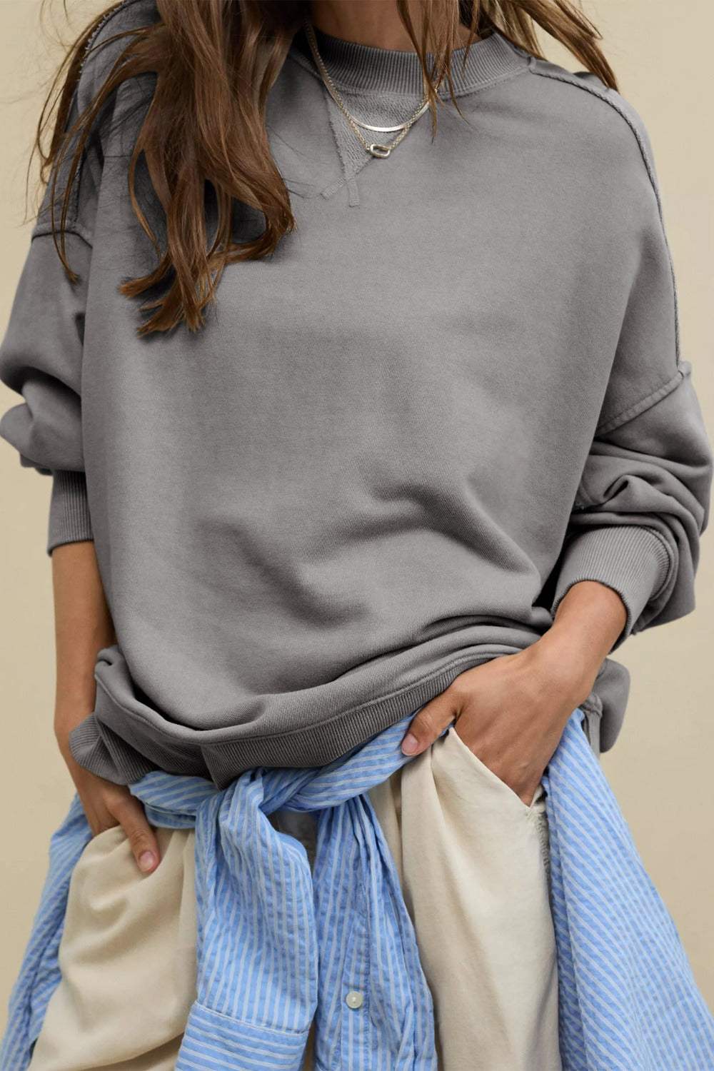 Side Slit Round Neck Long Sleeve Sweatshirt - Trendsi - Flyclothing LLC