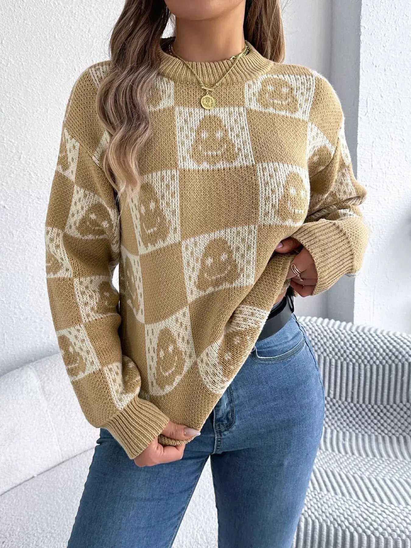 Halloween Ghost Pattern Checkered Round Neck Sweater - Trendsi - Flyclothing LLC